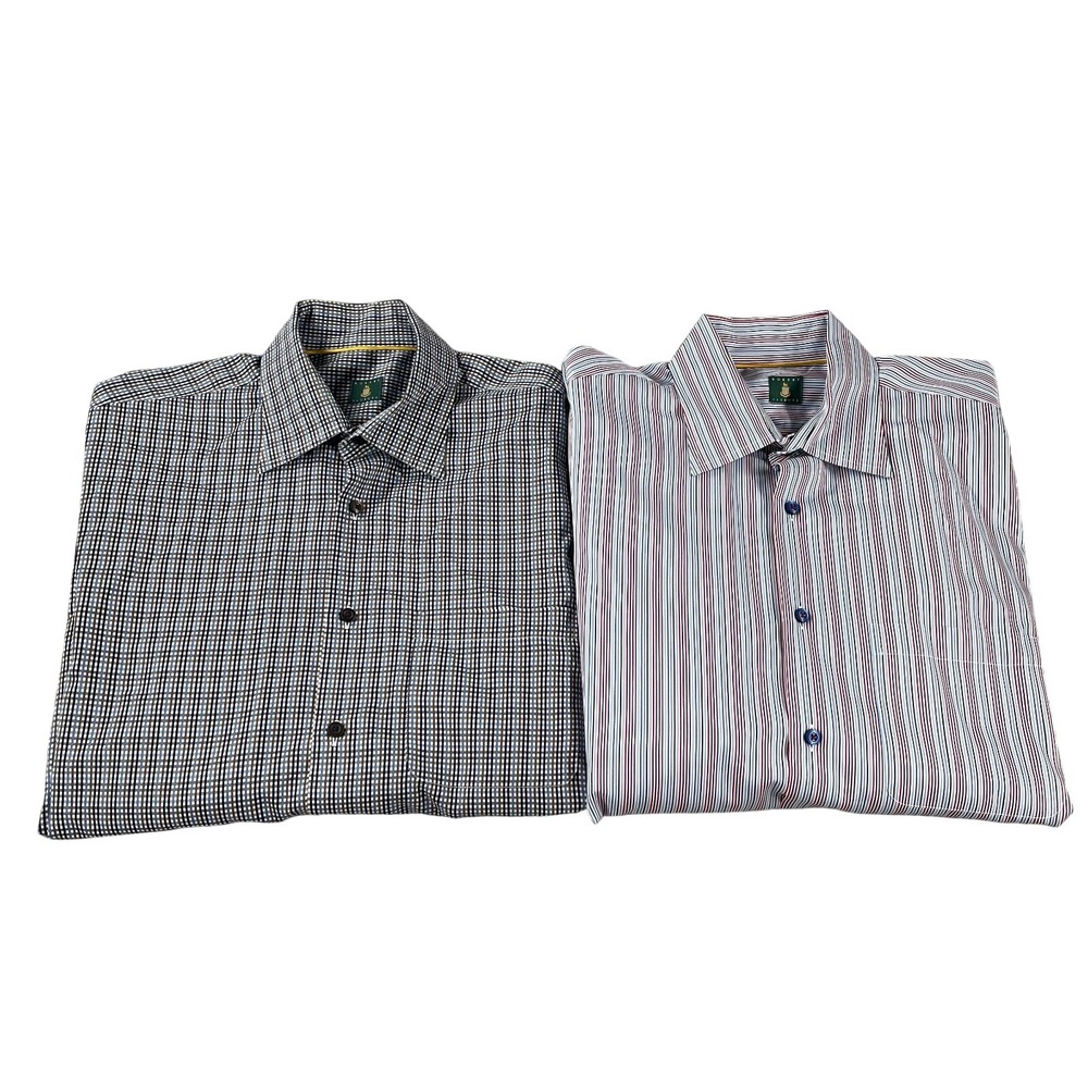 Robert Talbott Mens L Lot 2 Shirts Plaid Striped Long Sleeve Button Front Cotton